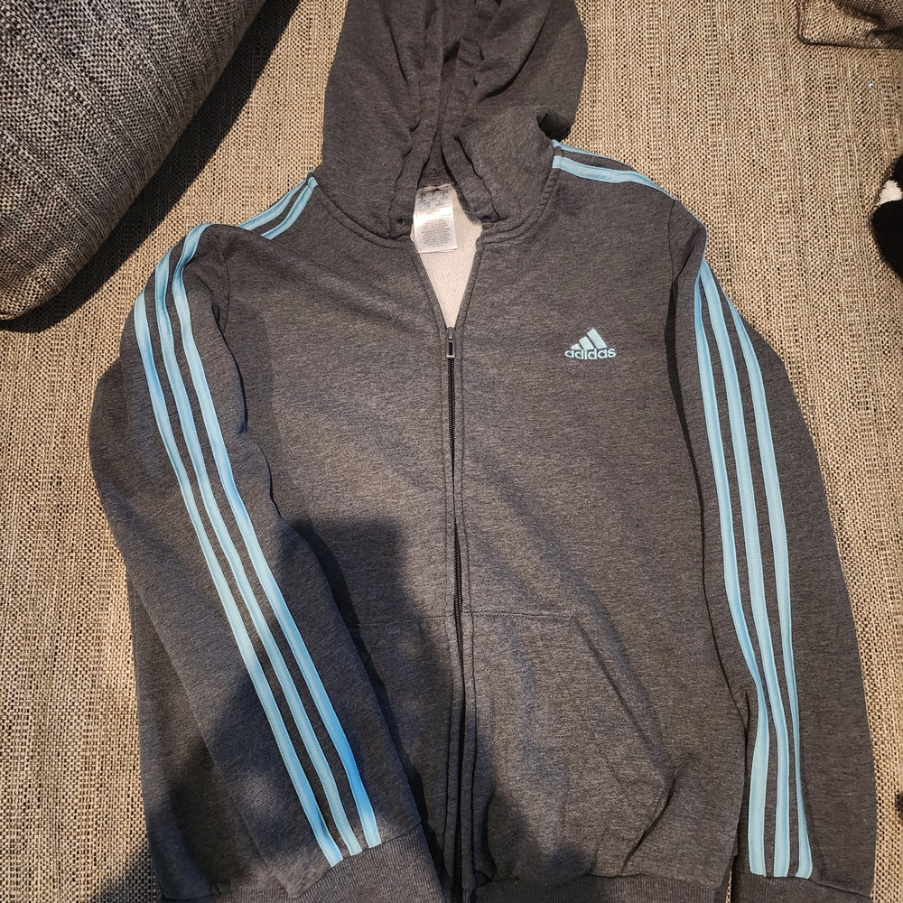 Adidas Dark Gray Hoodie with Blue Stripes